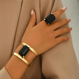 Lxalry Black & Gold Brutalist Jewelry Set, Handmade Electroplated Iron Bracelet & Ring Duo with Prism Cut, Hypoallergenic Luxury